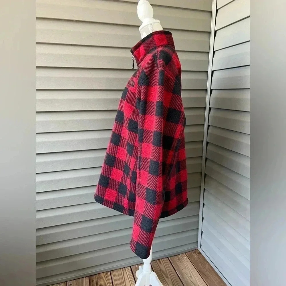 The North Face Fleece Men Jacket Red Black Buffalo Plaid 1/2 Zip Pullover Sz XL - Picture 2 of 7